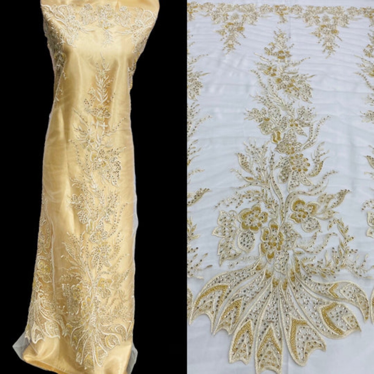 1 Yard Elegant Beaded and Sequined Lace Fabric Embroidered on Polyester Net Mesh